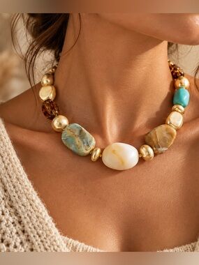 Chunky Multicolor Beaded Statement Necklace Gold Tone Boho Resort Jewelry